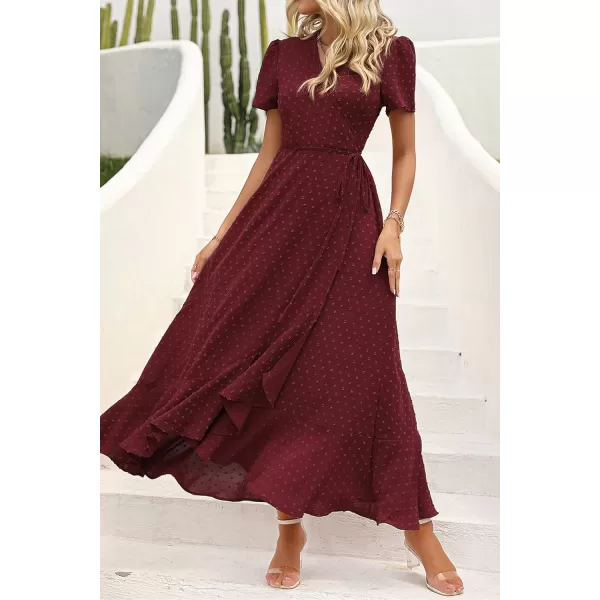 imagePRETTYGARDEN Womens Summer Wrap Maxi Dress Casual Boho Floral V Neck Short Sleeve Ruffle Hem Split Beach Long DressesZwine Red