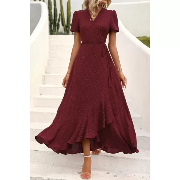 imagePRETTYGARDEN Womens Summer Wrap Maxi Dress Casual Boho Floral V Neck Short Sleeve Ruffle Hem Split Beach Long DressesZwine Red