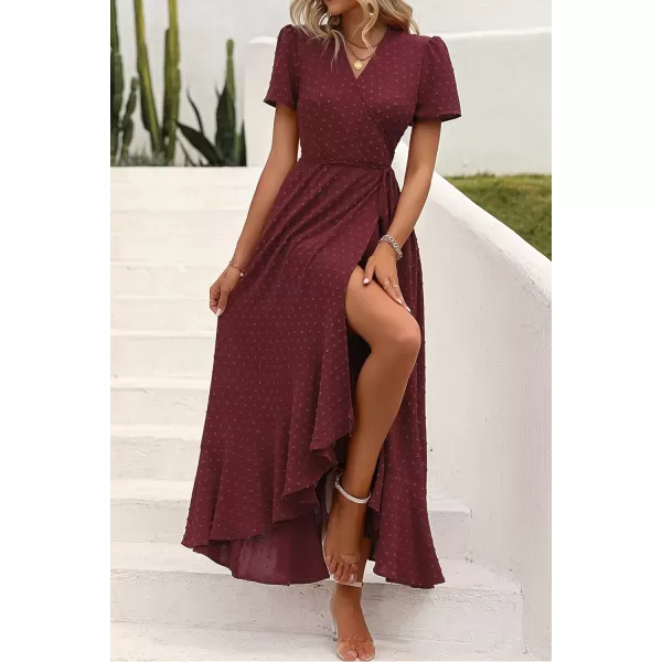 imagePRETTYGARDEN Womens Summer Wrap Maxi Dress Casual Boho Floral V Neck Short Sleeve Ruffle Hem Split Beach Long DressesZwine Red