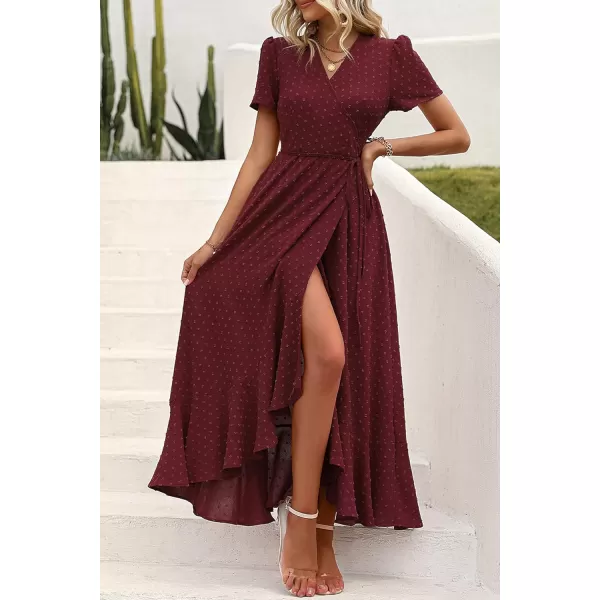 imagePRETTYGARDEN Womens Summer Wrap Maxi Dress Casual Boho Floral V Neck Short Sleeve Ruffle Hem Split Beach Long DressesZwine Red