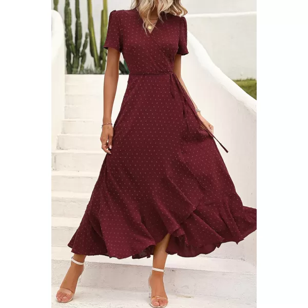 imagePRETTYGARDEN Womens Summer Wrap Maxi Dress Casual Boho Floral V Neck Short Sleeve Ruffle Hem Split Beach Long DressesZwine Red