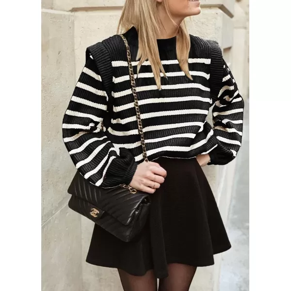 imagePRETTYGARDEN Womens Sweaters Casual Long Lantern Sleeve Crewneck Ribbed Knit Pullover Striped Jumper Tops BlouseBlack