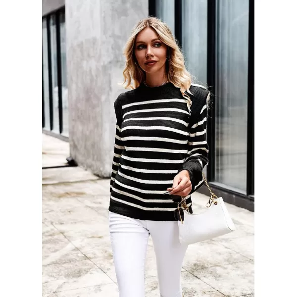 imagePRETTYGARDEN Womens Sweaters Casual Long Lantern Sleeve Crewneck Ribbed Knit Pullover Striped Jumper Tops BlouseBlack