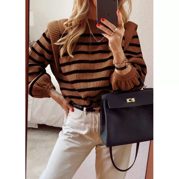 imagePRETTYGARDEN Womens Sweaters Casual Long Lantern Sleeve Crewneck Ribbed Knit Pullover Striped Jumper Tops BlouseBrown