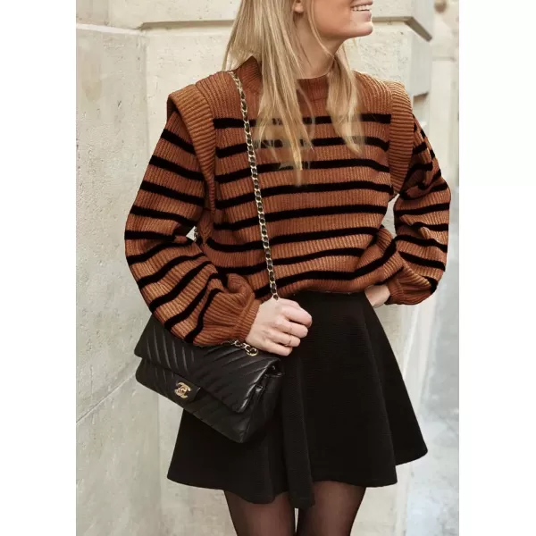 imagePRETTYGARDEN Womens Sweaters Casual Long Lantern Sleeve Crewneck Ribbed Knit Pullover Striped Jumper Tops BlouseBrown