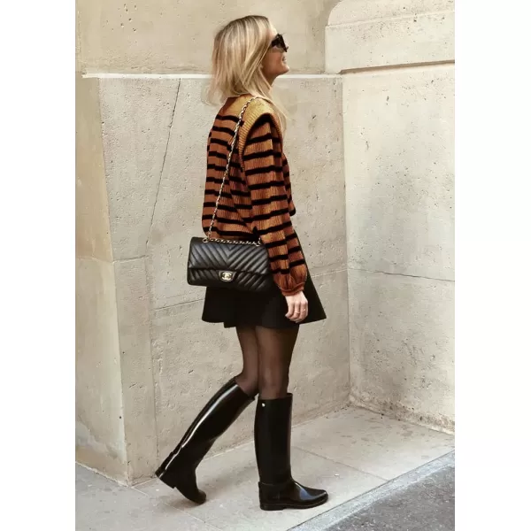 imagePRETTYGARDEN Womens Sweaters Casual Long Lantern Sleeve Crewneck Ribbed Knit Pullover Striped Jumper Tops BlouseBrown