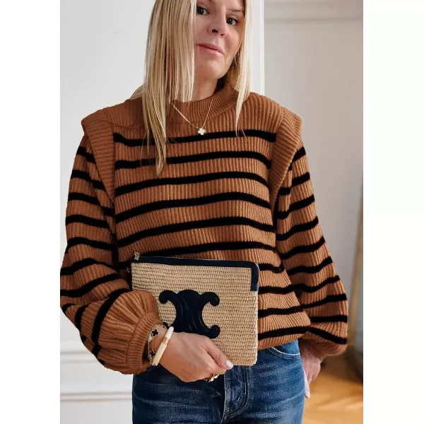 imagePRETTYGARDEN Womens Sweaters Casual Long Lantern Sleeve Crewneck Ribbed Knit Pullover Striped Jumper Tops BlouseBrown