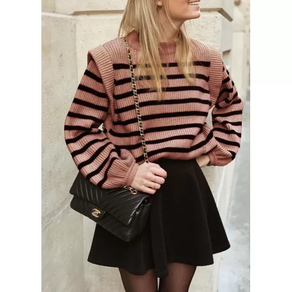 imagePRETTYGARDEN Womens Sweaters Casual Long Lantern Sleeve Crewneck Ribbed Knit Pullover Striped Jumper Tops BlouseNude Pink