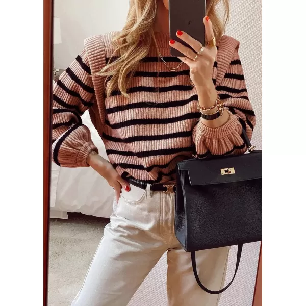 imagePRETTYGARDEN Womens Sweaters Casual Long Lantern Sleeve Crewneck Ribbed Knit Pullover Striped Jumper Tops BlouseNude Pink