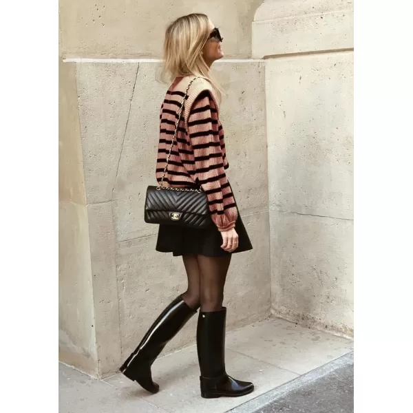 imagePRETTYGARDEN Womens Sweaters Casual Long Lantern Sleeve Crewneck Ribbed Knit Pullover Striped Jumper Tops BlouseNude Pink