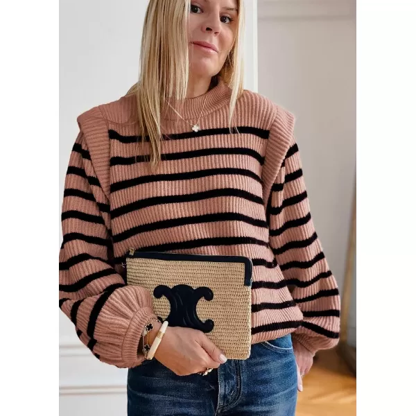 imagePRETTYGARDEN Womens Sweaters Casual Long Lantern Sleeve Crewneck Ribbed Knit Pullover Striped Jumper Tops BlouseNude Pink