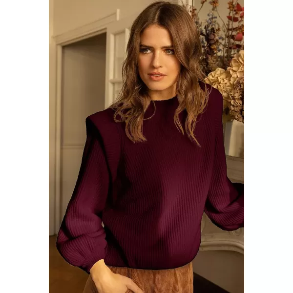 imagePRETTYGARDEN Womens Sweaters Casual Long Lantern Sleeve Crewneck Ribbed Knit Pullover Striped Jumper Tops BlouseSolid Wine Red