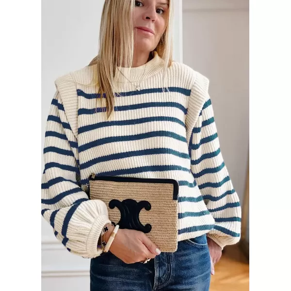 imagePRETTYGARDEN Womens Sweaters Casual Long Lantern Sleeve Crewneck Ribbed Knit Pullover Striped Jumper Tops BlouseStriped Blue