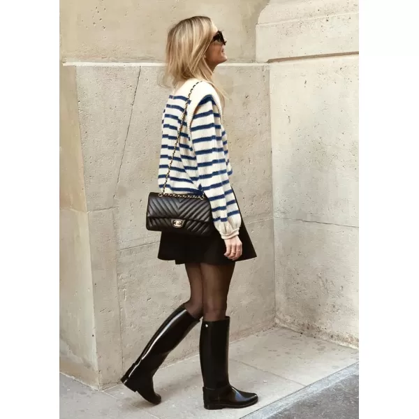 imagePRETTYGARDEN Womens Sweaters Casual Long Lantern Sleeve Crewneck Ribbed Knit Pullover Striped Jumper Tops BlouseStriped Blue