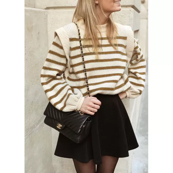 imagePRETTYGARDEN Womens Sweaters Casual Long Lantern Sleeve Crewneck Ribbed Knit Pullover Striped Jumper Tops BlouseStriped Brown