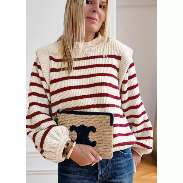 imagePRETTYGARDEN Womens Sweaters Casual Long Lantern Sleeve Crewneck Ribbed Knit Pullover Striped Jumper Tops BlouseStriped Red