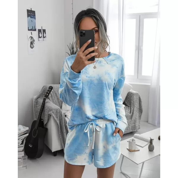 imagePRETTYGARDEN Womens Tie Dye Printed Pajamas Set Long Sleeve Tops With Shorts Lounge Set Casual TwoPiece SleepwearBlue