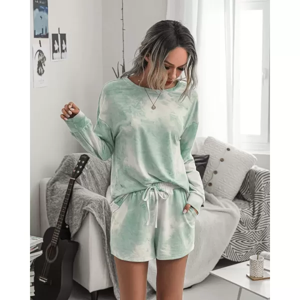 imagePRETTYGARDEN Womens Tie Dye Printed Pajamas Set Long Sleeve Tops With Shorts Lounge Set Casual TwoPiece SleepwearGreen