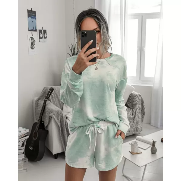 imagePRETTYGARDEN Womens Tie Dye Printed Pajamas Set Long Sleeve Tops With Shorts Lounge Set Casual TwoPiece SleepwearGreen