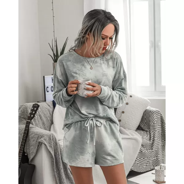 imagePRETTYGARDEN Womens Tie Dye Printed Pajamas Set Long Sleeve Tops With Shorts Lounge Set Casual TwoPiece SleepwearGrey