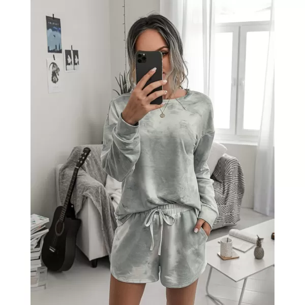 imagePRETTYGARDEN Womens Tie Dye Printed Pajamas Set Long Sleeve Tops With Shorts Lounge Set Casual TwoPiece SleepwearGrey