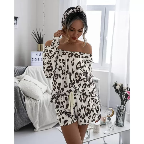 imagePRETTYGARDEN Womens Tie Dye Printed Pajamas Set Long Sleeve Tops With Shorts Lounge Set Casual TwoPiece SleepwearLeopard
