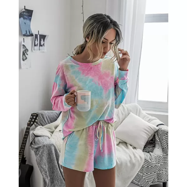 imagePRETTYGARDEN Womens Tie Dye Printed Pajamas Set Long Sleeve Tops With Shorts Lounge Set Casual TwoPiece SleepwearMulticolor