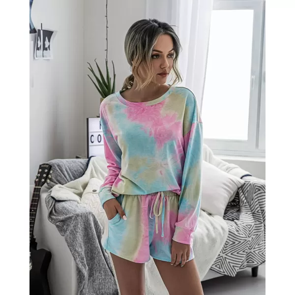 imagePRETTYGARDEN Womens Tie Dye Printed Pajamas Set Long Sleeve Tops With Shorts Lounge Set Casual TwoPiece SleepwearMulticolor