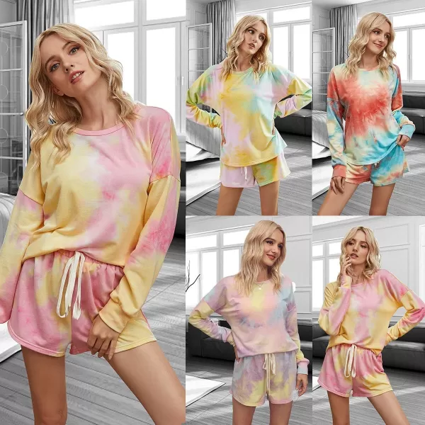 imagePRETTYGARDEN Womens Tie Dye Printed Pajamas Set Long Sleeve Tops With Shorts Lounge Set Casual TwoPiece SleepwearMulticolorwine Red