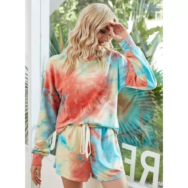 imagePRETTYGARDEN Womens Tie Dye Printed Pajamas Set Long Sleeve Tops With Shorts Lounge Set Casual TwoPiece SleepwearMulticolorwine Red