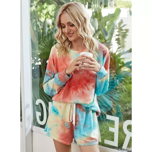 imagePRETTYGARDEN Womens Tie Dye Printed Pajamas Set Long Sleeve Tops With Shorts Lounge Set Casual TwoPiece SleepwearMulticolorwine Red