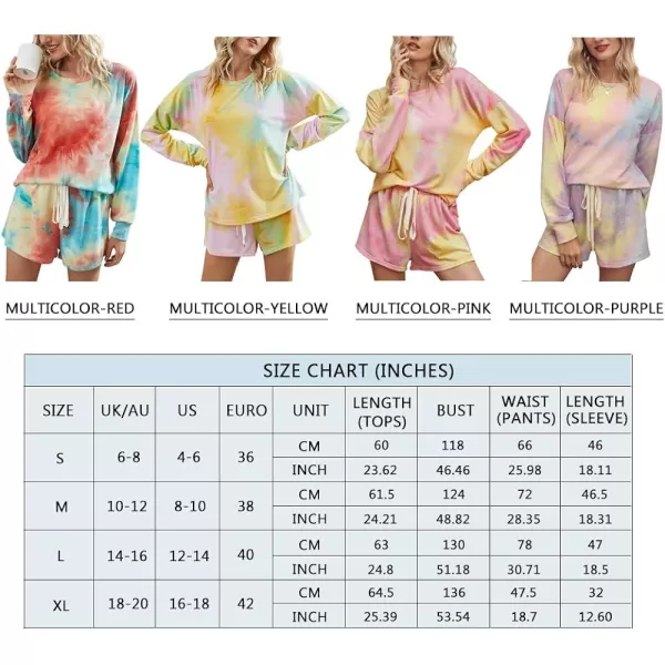 imagePRETTYGARDEN Womens Tie Dye Printed Pajamas Set Long Sleeve Tops With Shorts Lounge Set Casual TwoPiece SleepwearMulticolorwine Red