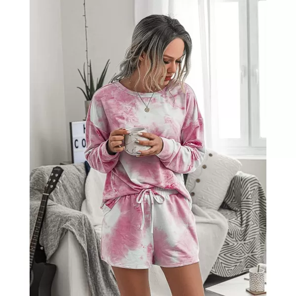 imagePRETTYGARDEN Womens Tie Dye Printed Pajamas Set Long Sleeve Tops With Shorts Lounge Set Casual TwoPiece SleepwearPink
