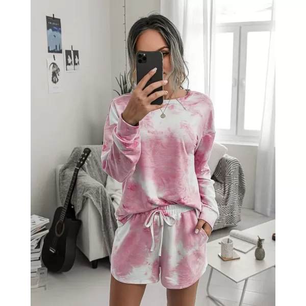 imagePRETTYGARDEN Womens Tie Dye Printed Pajamas Set Long Sleeve Tops With Shorts Lounge Set Casual TwoPiece SleepwearPink