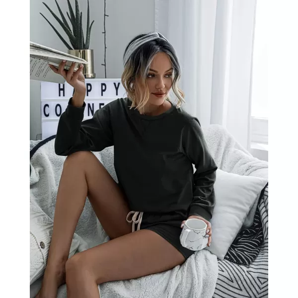 imagePRETTYGARDEN Womens Tie Dye Printed Pajamas Set Long Sleeve Tops With Shorts Lounge Set Casual TwoPiece SleepwearSolidblack