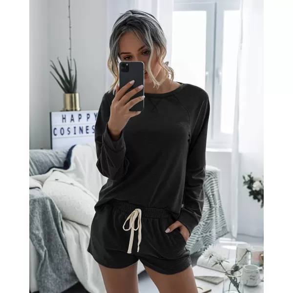imagePRETTYGARDEN Womens Tie Dye Printed Pajamas Set Long Sleeve Tops With Shorts Lounge Set Casual TwoPiece SleepwearSolidblack