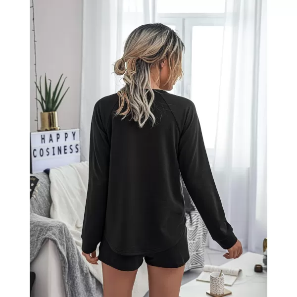 imagePRETTYGARDEN Womens Tie Dye Printed Pajamas Set Long Sleeve Tops With Shorts Lounge Set Casual TwoPiece SleepwearSolidblack