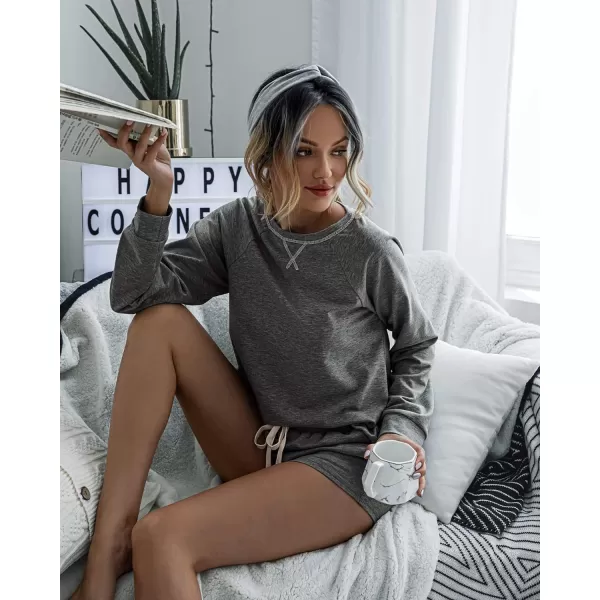 imagePRETTYGARDEN Womens Tie Dye Printed Pajamas Set Long Sleeve Tops With Shorts Lounge Set Casual TwoPiece SleepwearSoliddark Grey