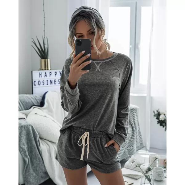 imagePRETTYGARDEN Womens Tie Dye Printed Pajamas Set Long Sleeve Tops With Shorts Lounge Set Casual TwoPiece SleepwearSoliddark Grey