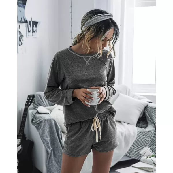 imagePRETTYGARDEN Womens Tie Dye Printed Pajamas Set Long Sleeve Tops With Shorts Lounge Set Casual TwoPiece SleepwearSoliddark Grey