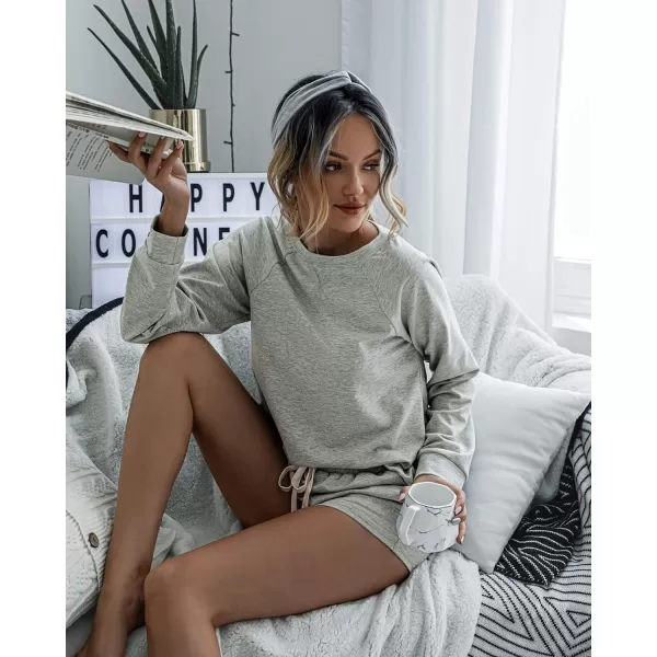 imagePRETTYGARDEN Womens Tie Dye Printed Pajamas Set Long Sleeve Tops With Shorts Lounge Set Casual TwoPiece SleepwearSolidlight Grey