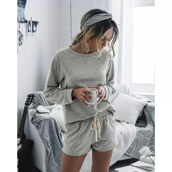 imagePRETTYGARDEN Womens Tie Dye Printed Pajamas Set Long Sleeve Tops With Shorts Lounge Set Casual TwoPiece SleepwearSolidlight Grey