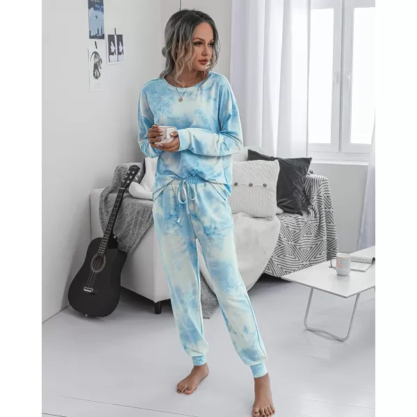 imagePRETTYGARDEN Womens Tie Dye Two Piece Tracksuit Set Long Sleeve Sweatshirt with Long PantsBlue