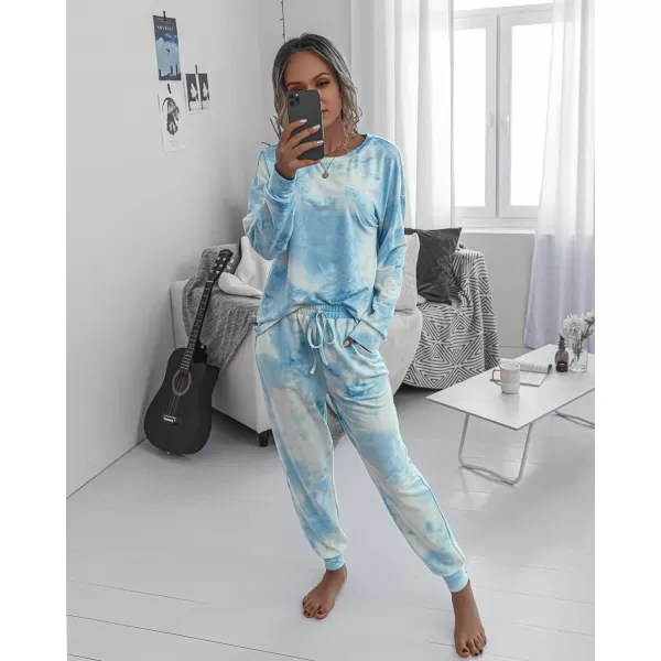 imagePRETTYGARDEN Womens Tie Dye Two Piece Tracksuit Set Long Sleeve Sweatshirt with Long PantsBlue