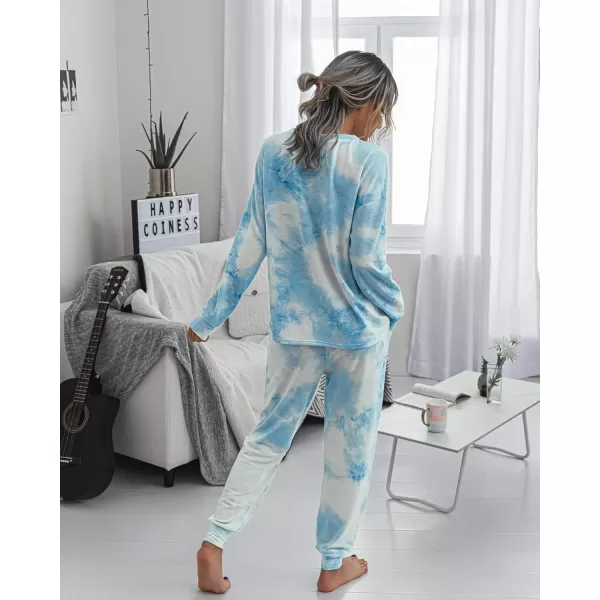 imagePRETTYGARDEN Womens Tie Dye Two Piece Tracksuit Set Long Sleeve Sweatshirt with Long PantsBlue