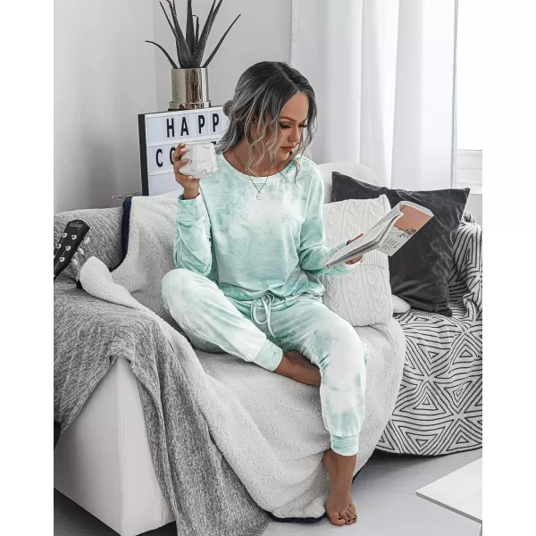 imagePRETTYGARDEN Womens Tie Dye Two Piece Tracksuit Set Long Sleeve Sweatshirt with Long PantsGreen