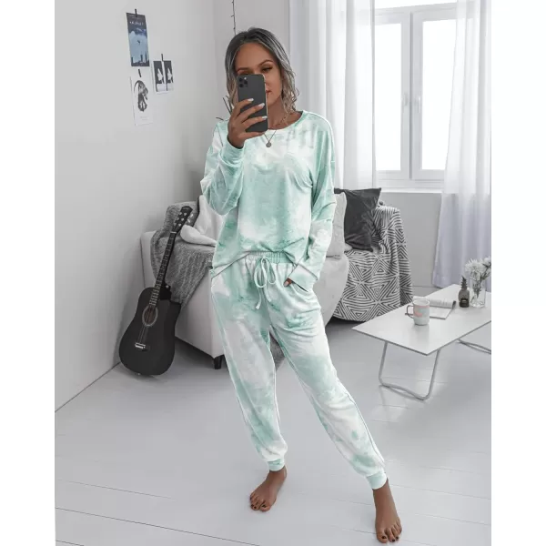 imagePRETTYGARDEN Womens Tie Dye Two Piece Tracksuit Set Long Sleeve Sweatshirt with Long PantsGreen