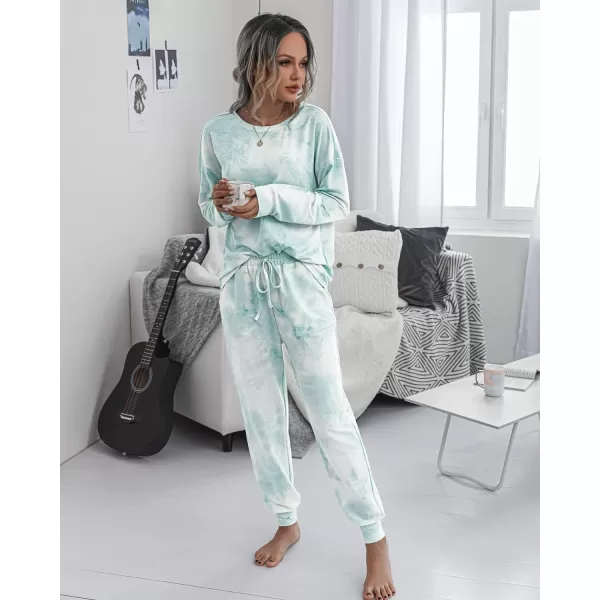 imagePRETTYGARDEN Womens Tie Dye Two Piece Tracksuit Set Long Sleeve Sweatshirt with Long PantsGreen