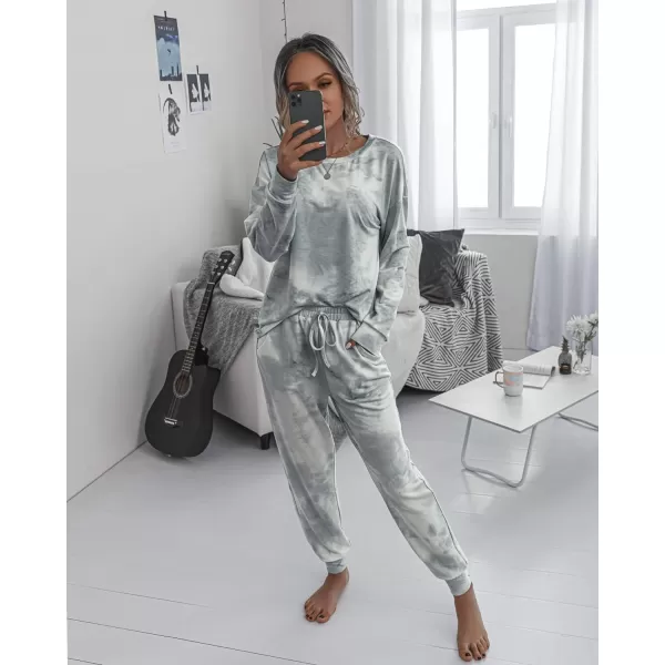 imagePRETTYGARDEN Womens Tie Dye Two Piece Tracksuit Set Long Sleeve Sweatshirt with Long PantsGrey