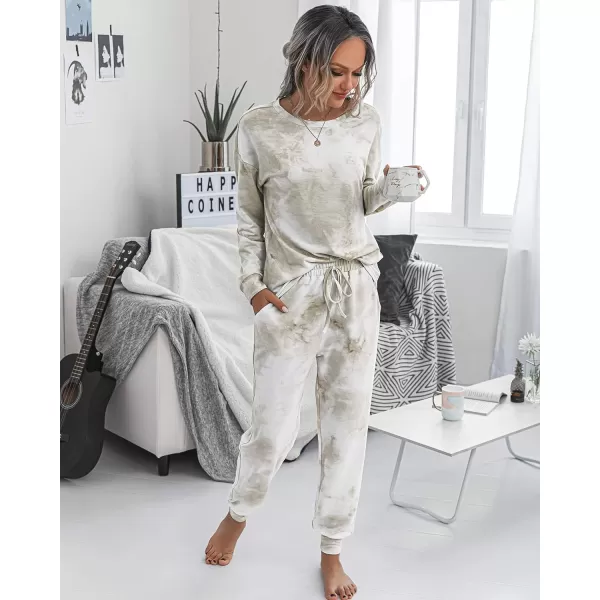 imagePRETTYGARDEN Womens Tie Dye Two Piece Tracksuit Set Long Sleeve Sweatshirt with Long PantsKhaki